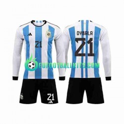 Argentina 3 Stars Paulo Dybala 21 Home Football Shirts World Cup 2022 Kids SS