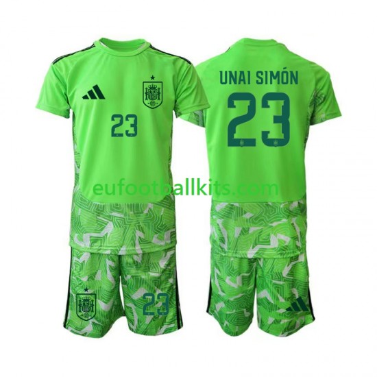 Spain Goalkeeper Unai Simon 23 6th Green color Football Shirts World Cup 2026 Kids LS Spain Goalkeeper Unai Simon 23 6th Green color Football Shirts World Cup 2026 Kids LS